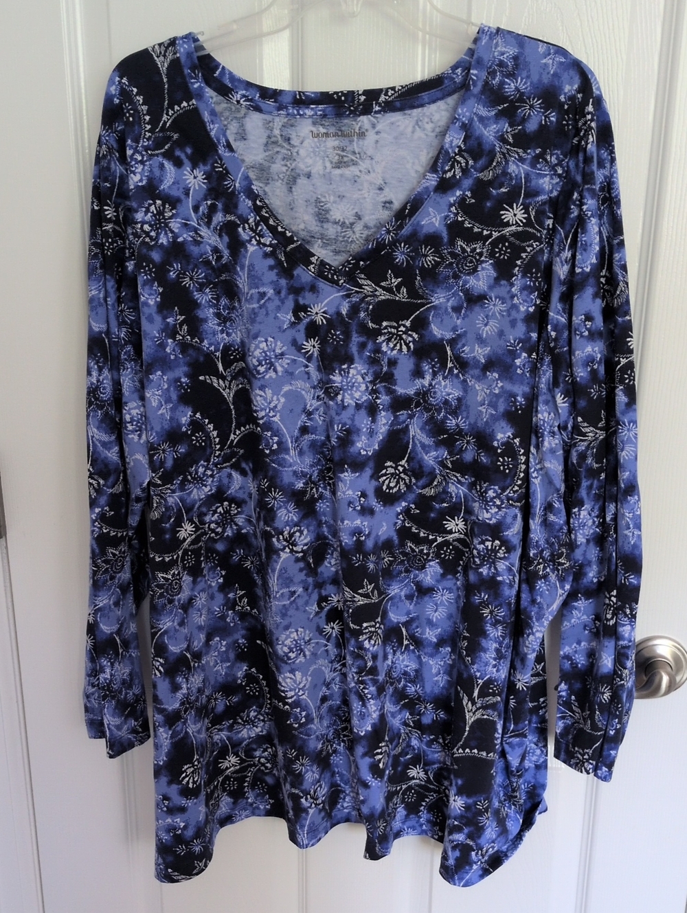 Woman Within Blue and Black Long Sleeve V-Neck Tee